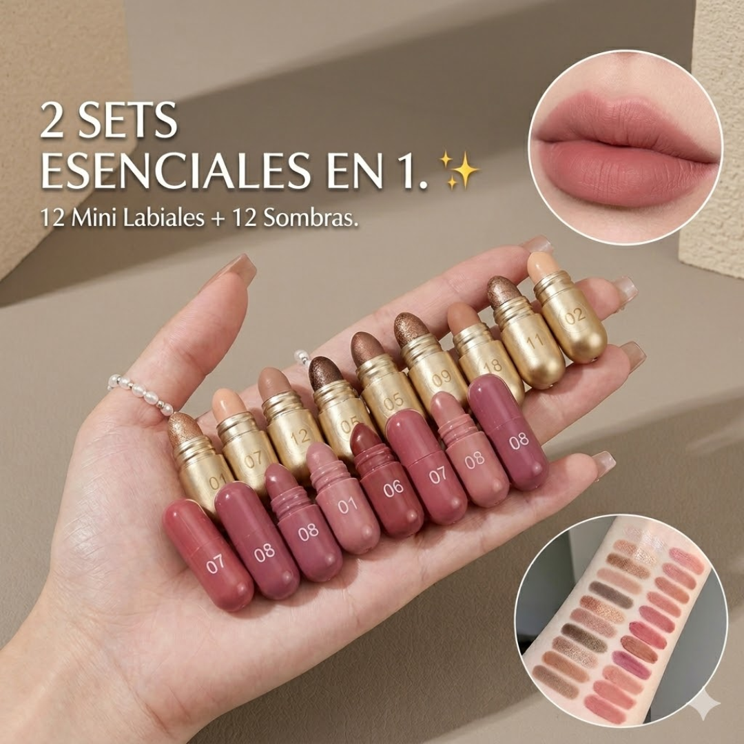 El set de maquillaje más viral y aesthetic que vas a ver este año. 24 piezas de lujo en un solo set: 12 mini labiales + 12 sombras tono tierra