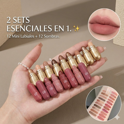 El set de maquillaje más viral y aesthetic que vas a ver este año. 24 piezas de lujo en un solo set: 12 mini labiales + 12 sombras tono tierra