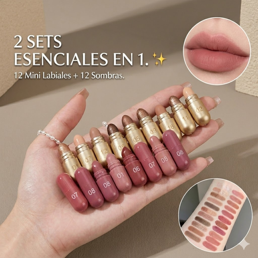 El set de maquillaje más viral y aesthetic que vas a ver este año. 24 piezas de lujo en un solo set: 12 mini labiales + 12 sombras tono tierra