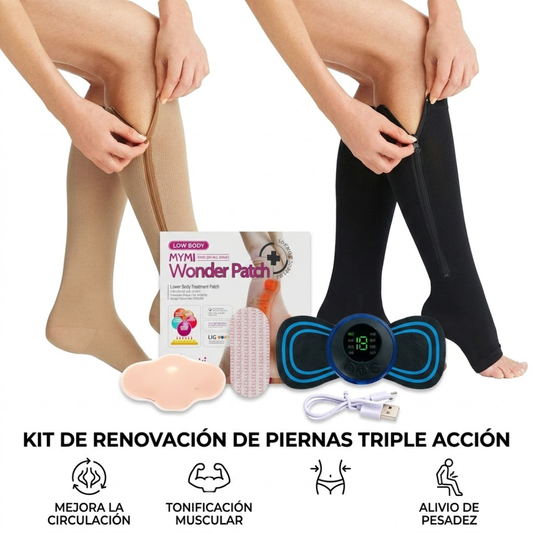 Alivia la molestia en tus piernas: El Combo Medias de compresión + Parches + Masajeador