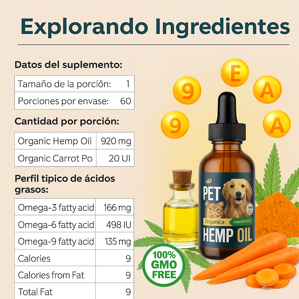 Desbloquea todo el potencial del bienestar de tu mascota con nuestro aceite de semilla de cáñamo, OMEGA 3,6 Y 9