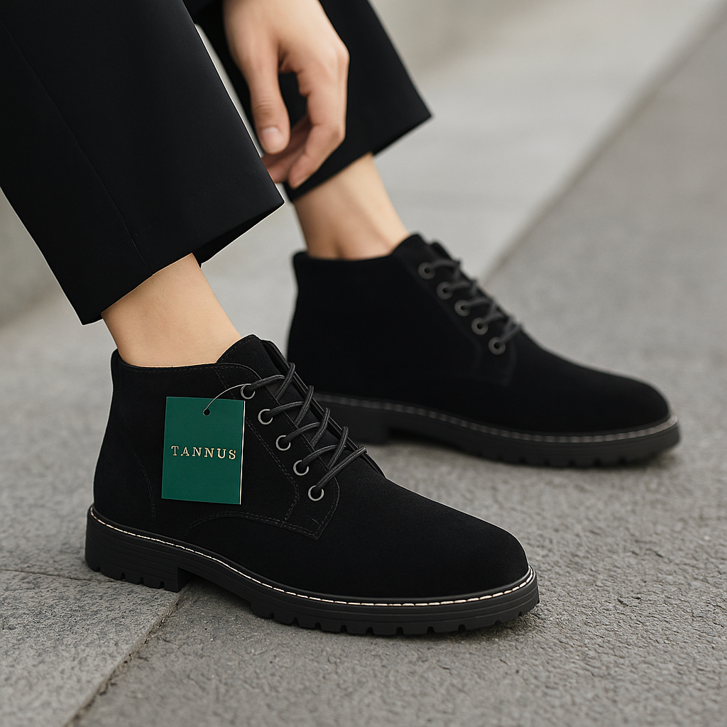 Zapatos en cuero Genuino Carnaza: tipo botín clásico con cordones y punta redonda.