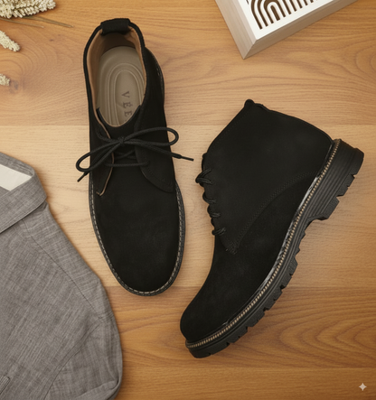 Zapatos en cuero Genuino Carnaza: tipo botín clásico con cordones y punta redonda.