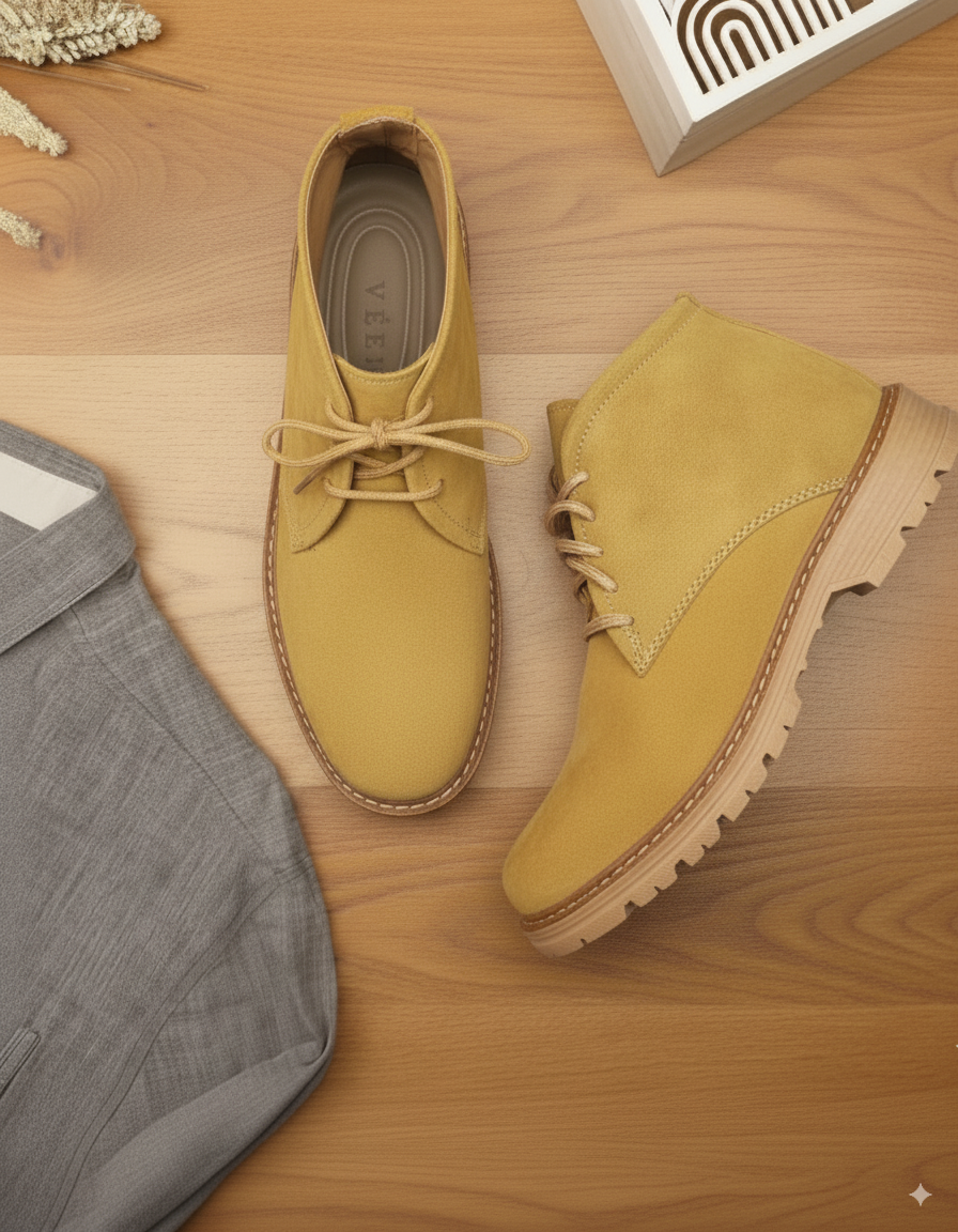 Zapatos en cuero Genuino Carnaza: tipo botín clásico con cordones y punta redonda.
