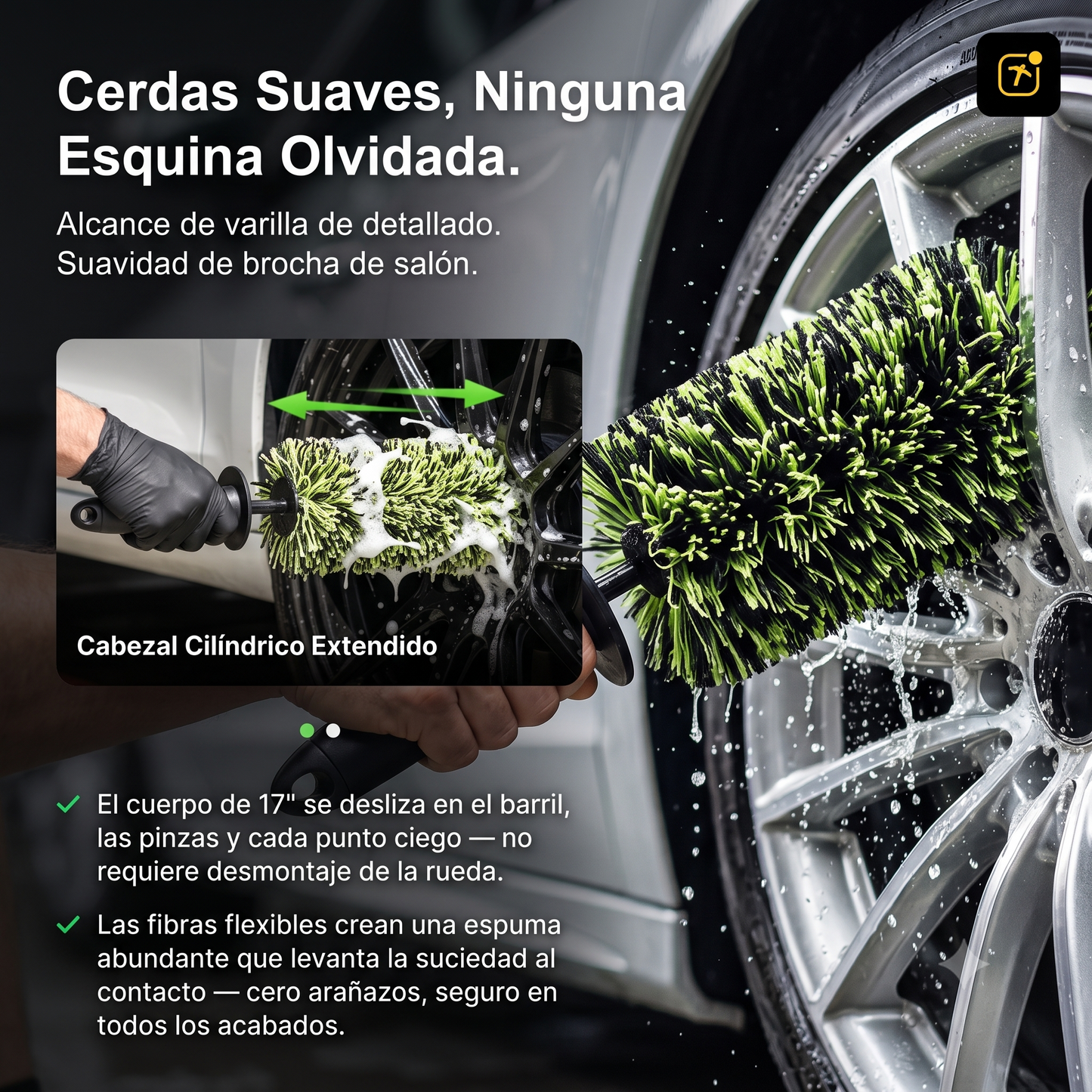 El cepillo híbrido que limpia hasta detrás de las mordazas del freno, sin rayar el rin: Rinclean®