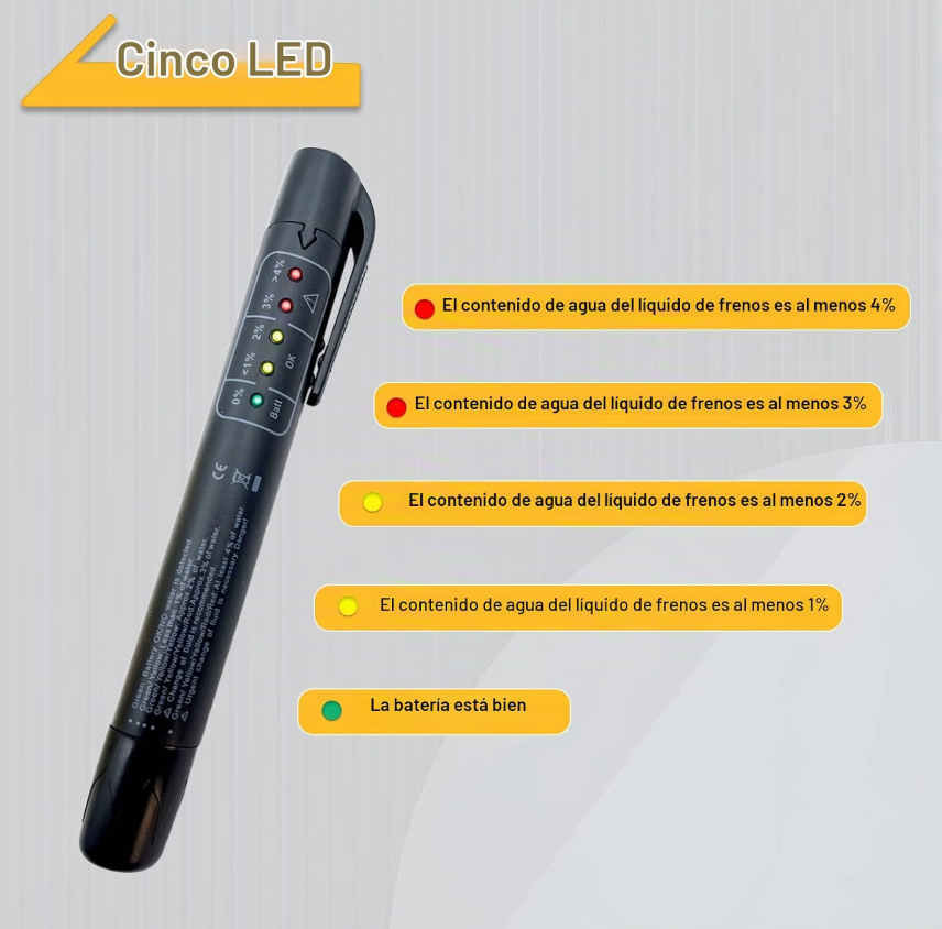 FrenoCheck™ – Probador de Líquido de Frenos con 5 Luces LED para Carro y Moto