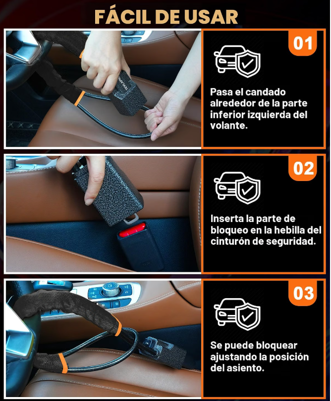 VolanLock™ – Candado Antirrobo que Bloquea Volante y Cinturón