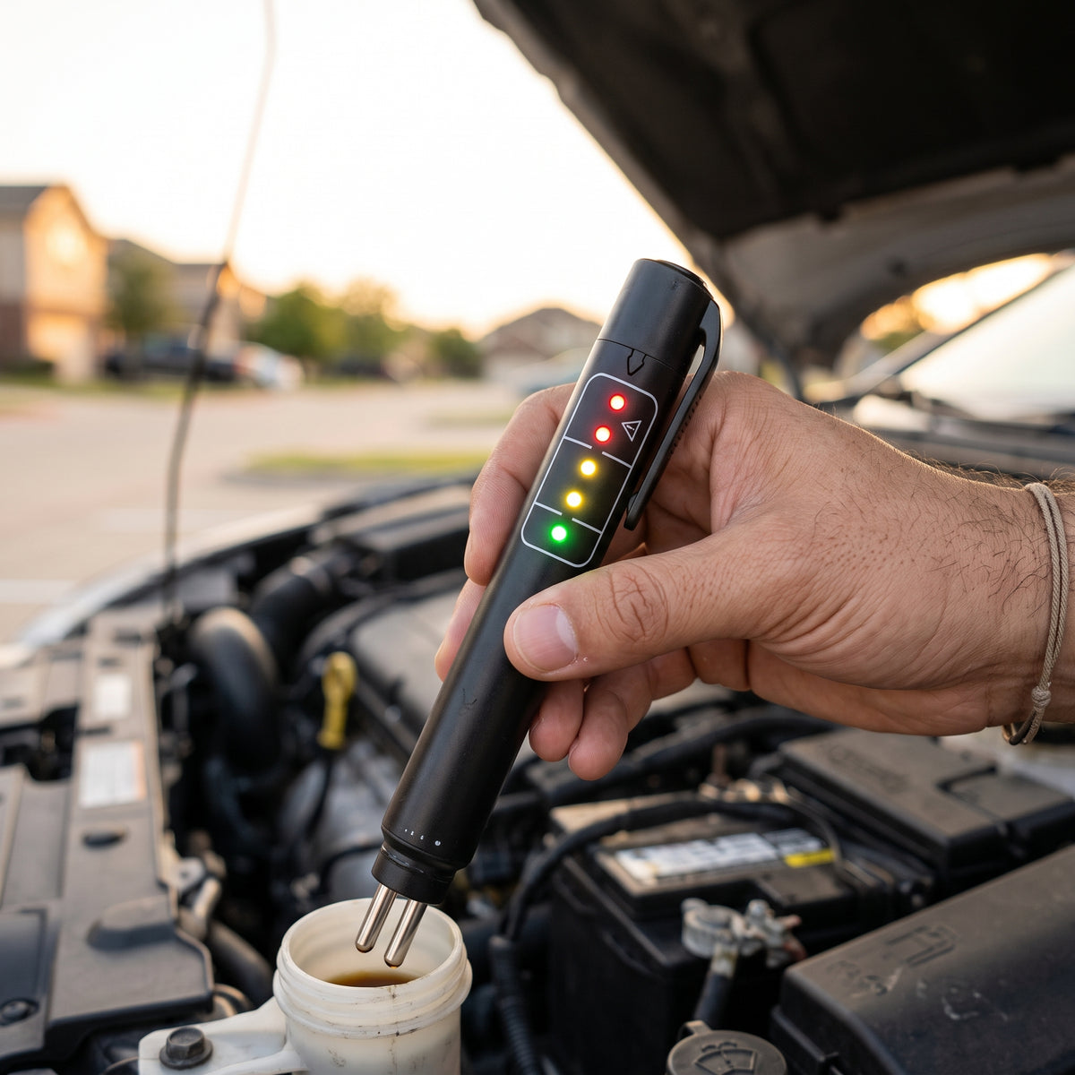 FrenoCheck™ – Probador de Líquido de Frenos con 5 Luces LED para Carro y Moto