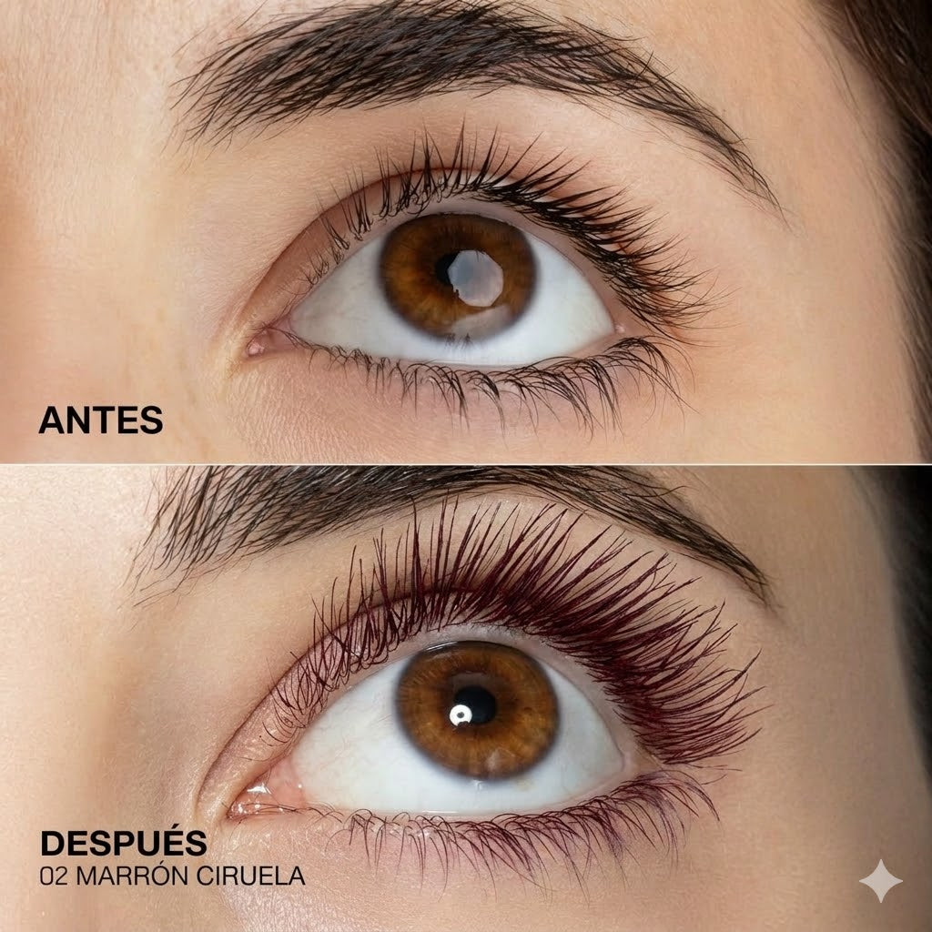 Detalle de pestañas con máscara borgoña